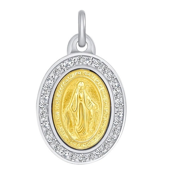 Silver & Gold Plated 2 Tone Swarovski Virgin Mary Pendant and chain 2pc set